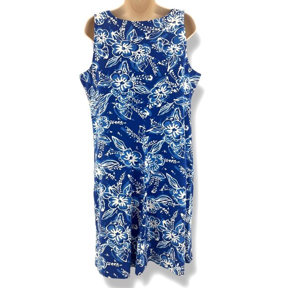 Jones New York Blue Floral Print Cotton Soft Knit‎ Dress Size 14 Summer Vacation - Picture 3 of 8